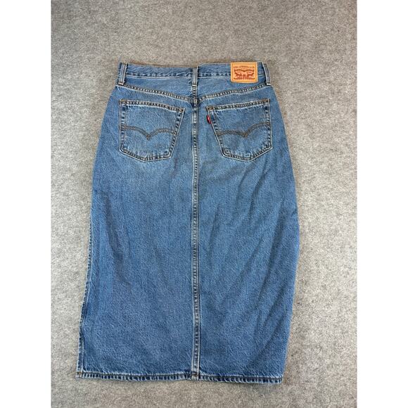 Levis Denim Jean Side Slit Midi Skirt Womens 29 Blue 5 Pockets Faded Button Fly - Picture 8 of 9